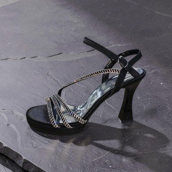 Şık Taş Detaylı Siyah Saten Platform Topuklu Ayakkabı