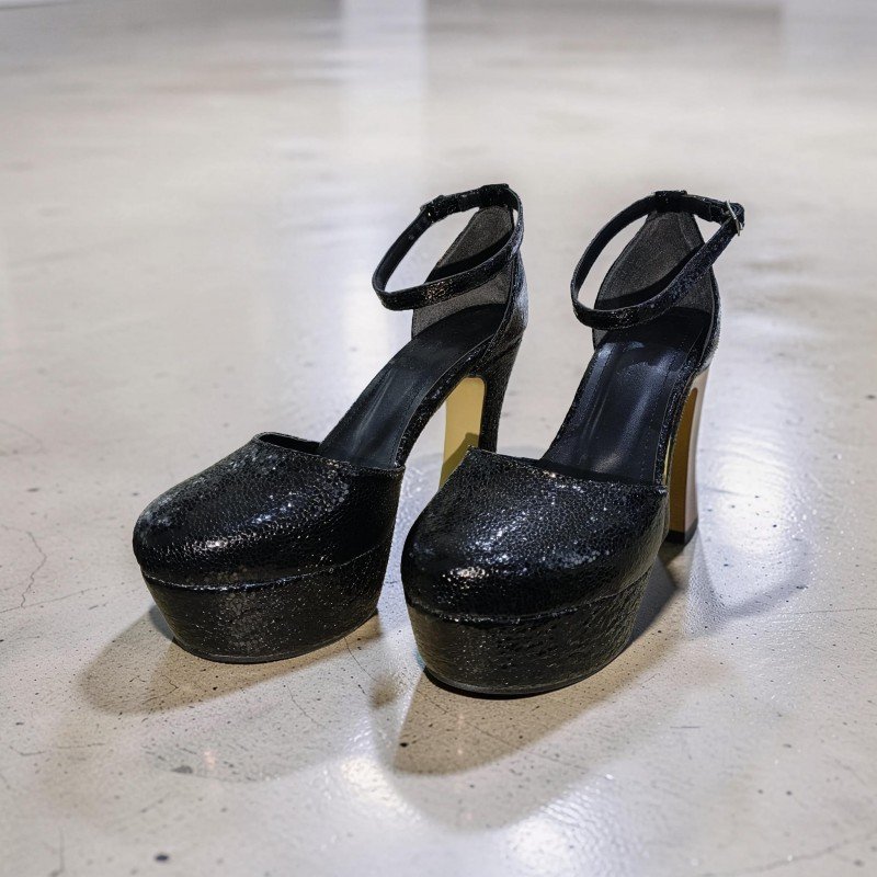 Siyah Parlak Dokulu Platform Topuklu Ayakkabı