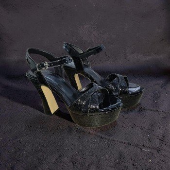 Göz Alıcı Siyah Rugan & Işıltılı Platform Topuklu Sandalet