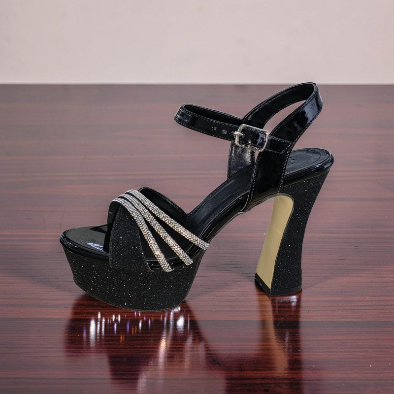 Siyah Simli ve Taş Detaylı Platform Topuklu Abiye Ayakkabı