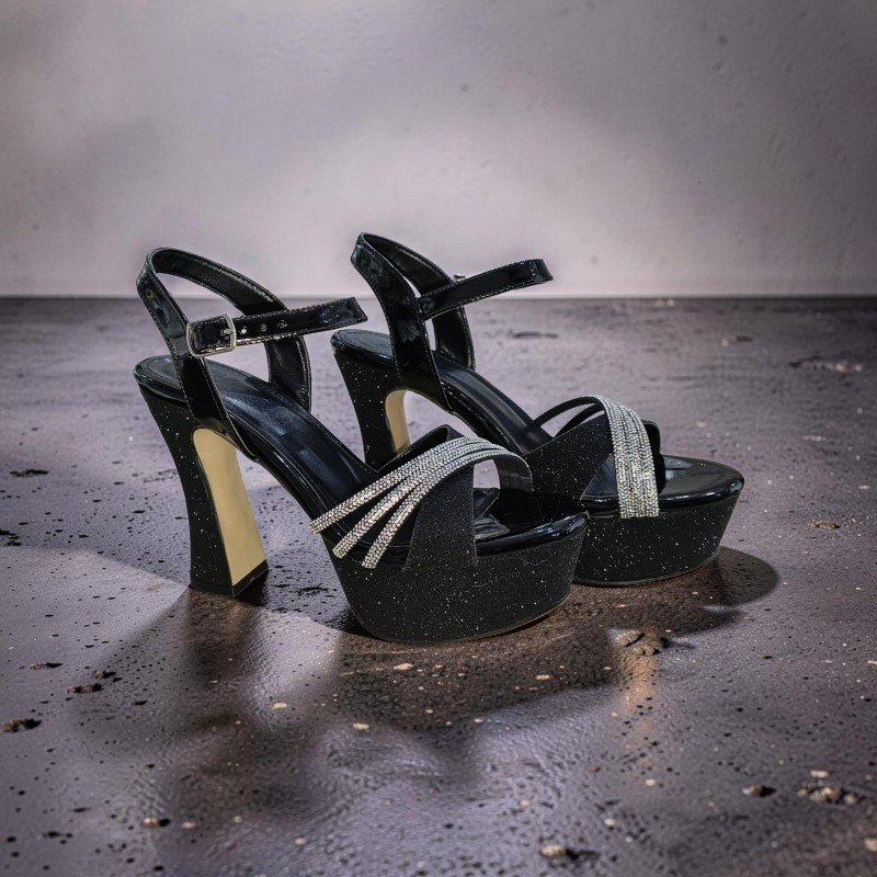 Siyah Simli ve Taş Detaylı Platform Topuklu Abiye Ayakkabı