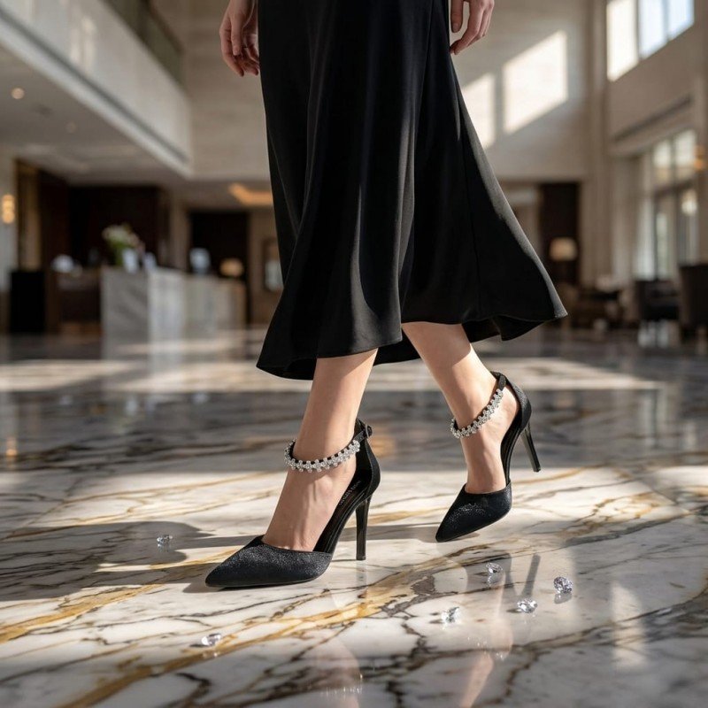 Miss Lotus Kadın Siyah Saten Taşlı Topuklu Ayakkabı