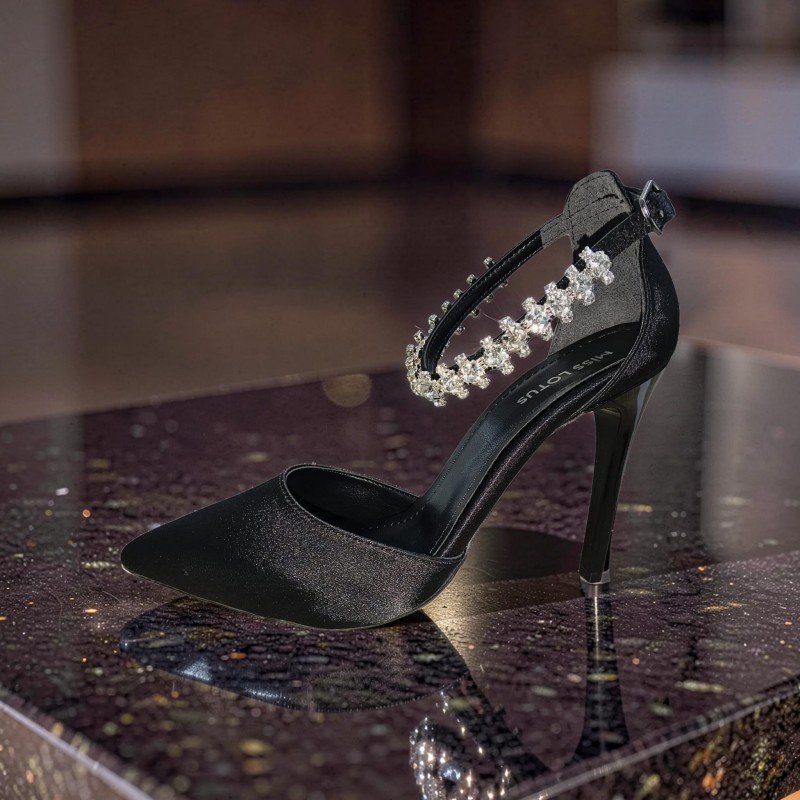 Miss Lotus Kadın Siyah Saten Taşlı Topuklu Ayakkabı