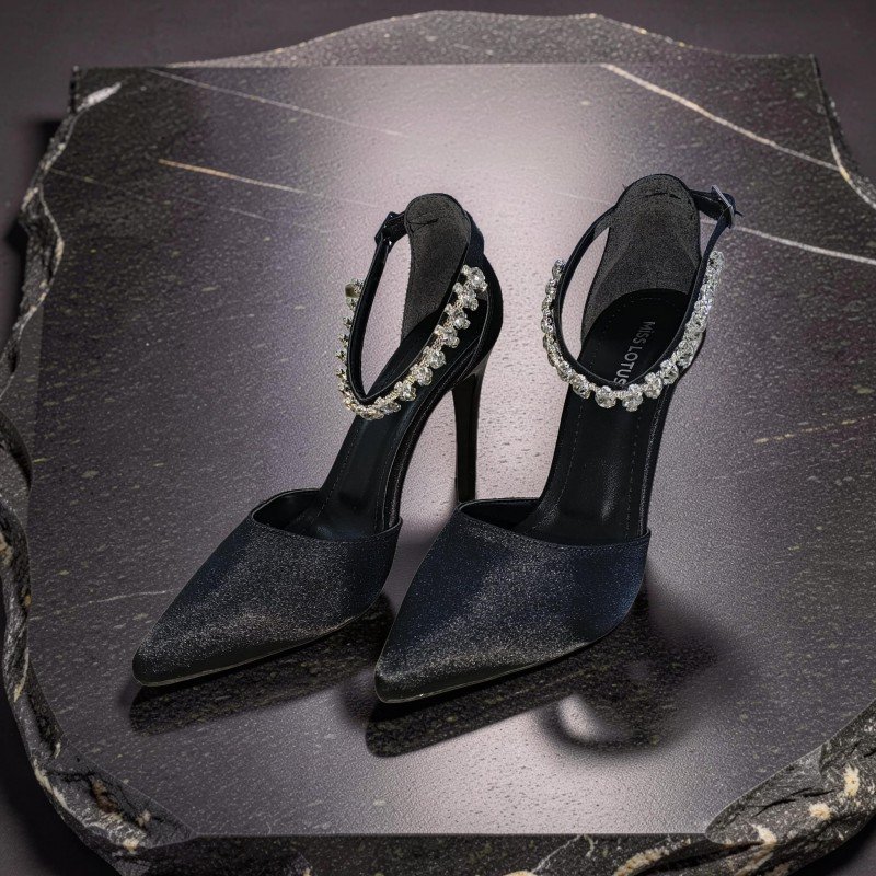 Miss Lotus Kadın Siyah Saten Taşlı Topuklu Ayakkabı