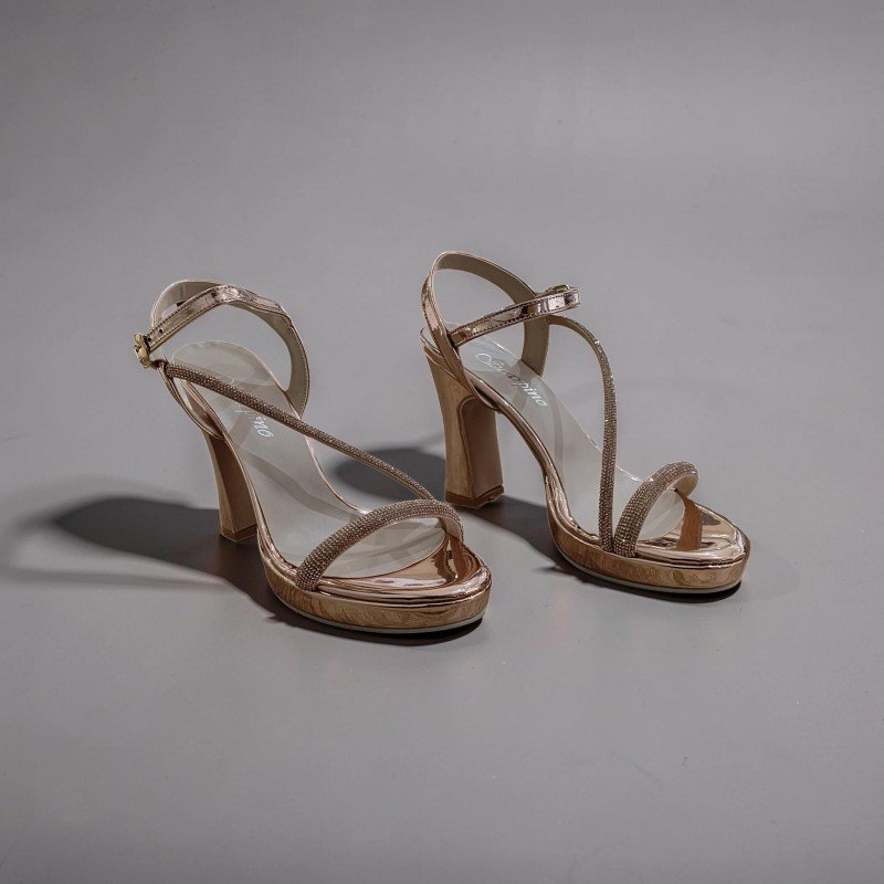 Rose Gold Işıltılı Taşlı Platform Topuklu Ayakkabı