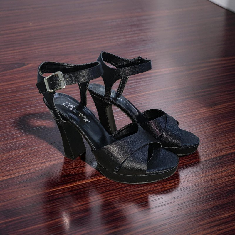 Scarpino Saten Siyah Çapraz Bantlı Platform Topuklu Ayakkabı