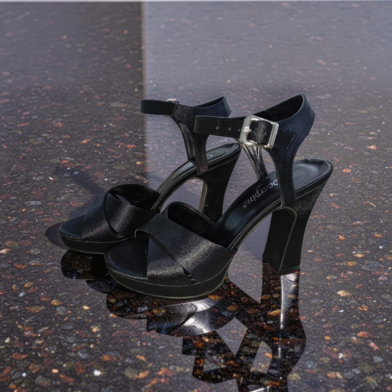 Scarpino Saten Siyah Çapraz Bantlı Platform Topuklu Ayakkabı
