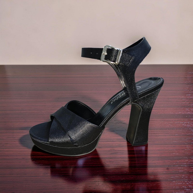 Scarpino Saten Siyah Çapraz Bantlı Platform Topuklu Ayakkabı