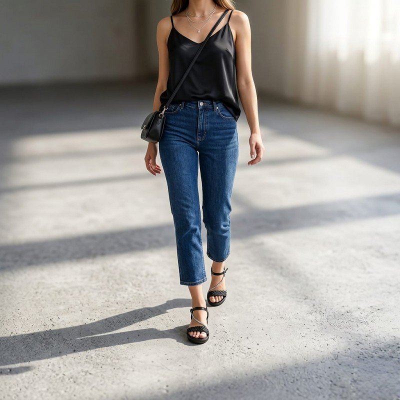 Şıklık ve Konfor Bir Arada: Taşlı ve Örgü Detaylı Siyah Sandalet