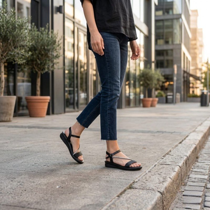 Şıklık ve Konfor Bir Arada: Taşlı ve Örgü Detaylı Siyah Sandalet