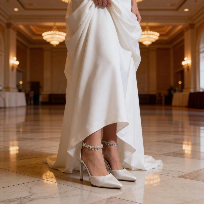 Kristal Taşlı Bilekten Bağlamalı Saten Gelin ve Davet Ayakkabısı