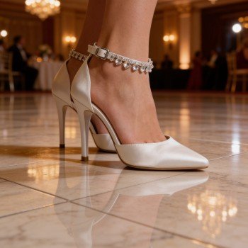Kristal Taşlı Bilekten Bağlamalı Saten Gelin ve Davet Ayakkabısı