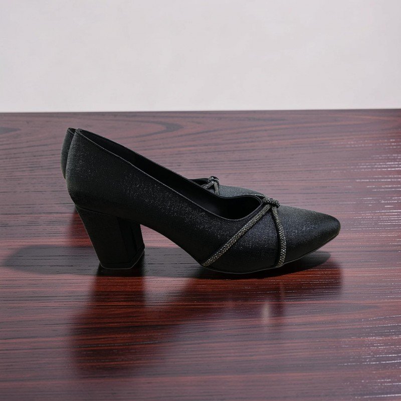 Siyah Işıltılı Taş Detaylı Kalın Topuklu Kadın Abiye Ayakkabı