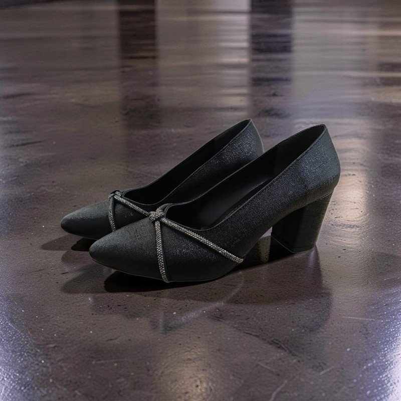 Siyah Işıltılı Taş Detaylı Kalın Topuklu Kadın Abiye Ayakkabı