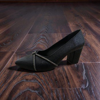 Siyah Işıltılı Taş Detaylı Kalın Topuklu Kadın Abiye Ayakkabı