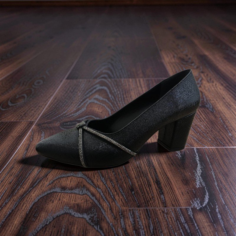 Siyah Işıltılı Taş Detaylı Kalın Topuklu Kadın Abiye Ayakkabı